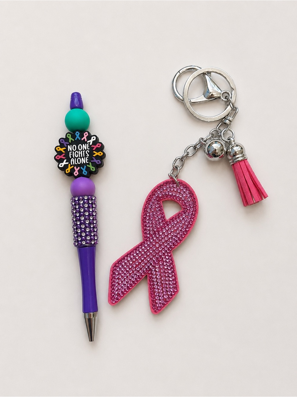 Pink Rhinestone Awareness Ribbon Keychain & Purple Beaded awareness Pen Set